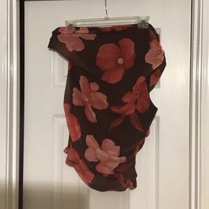Mango Asymmetrical Floral Skirt in Dark Brown and Red
